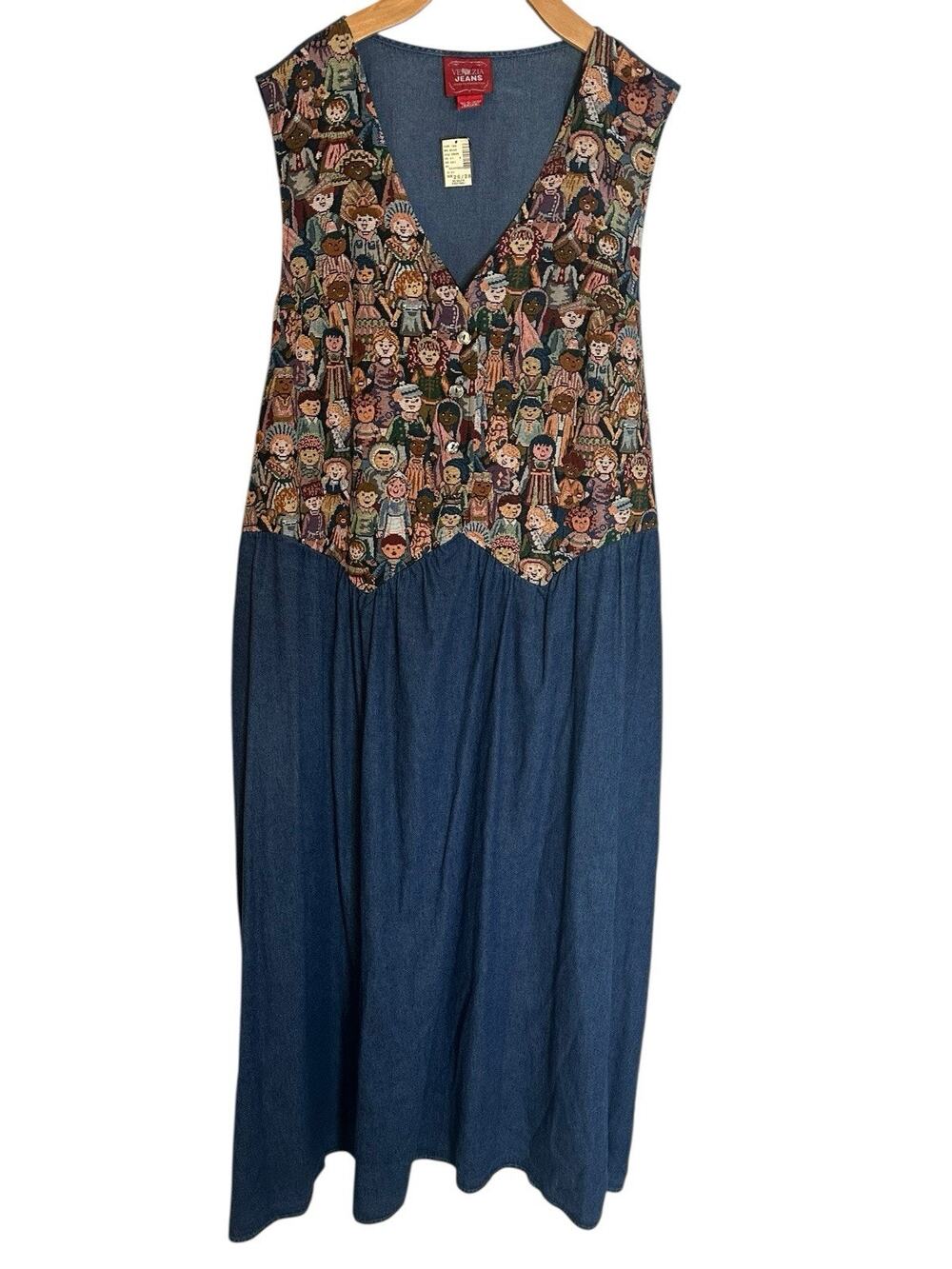 VTG Venezia Jeans Denim Jumper Dress 22/24 NOS Tapestry Folk Art Children Maxi